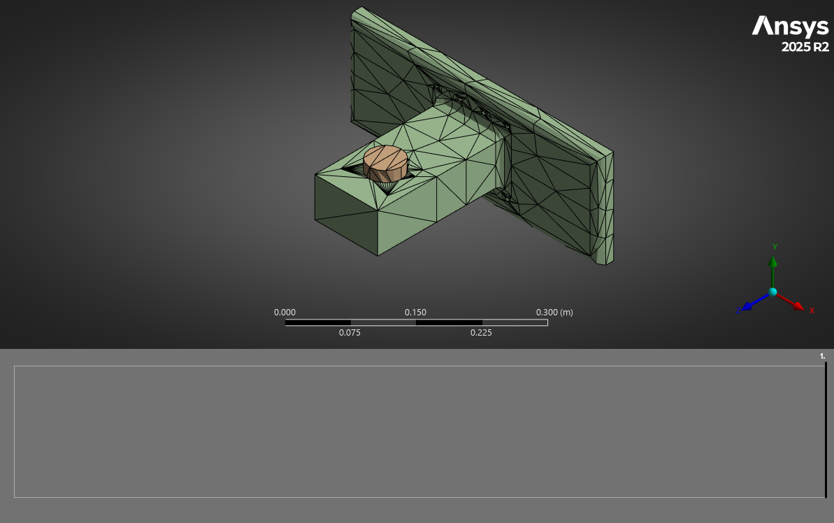 ANSYS finite-element mesh of the pylon fitting, pin and wingbox interface with local bore refinement.