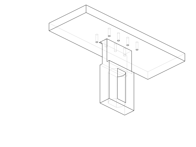 Wireframe view of the AeroFrame-DT pylon-to-wingbox attachment fitting and fastener pattern.