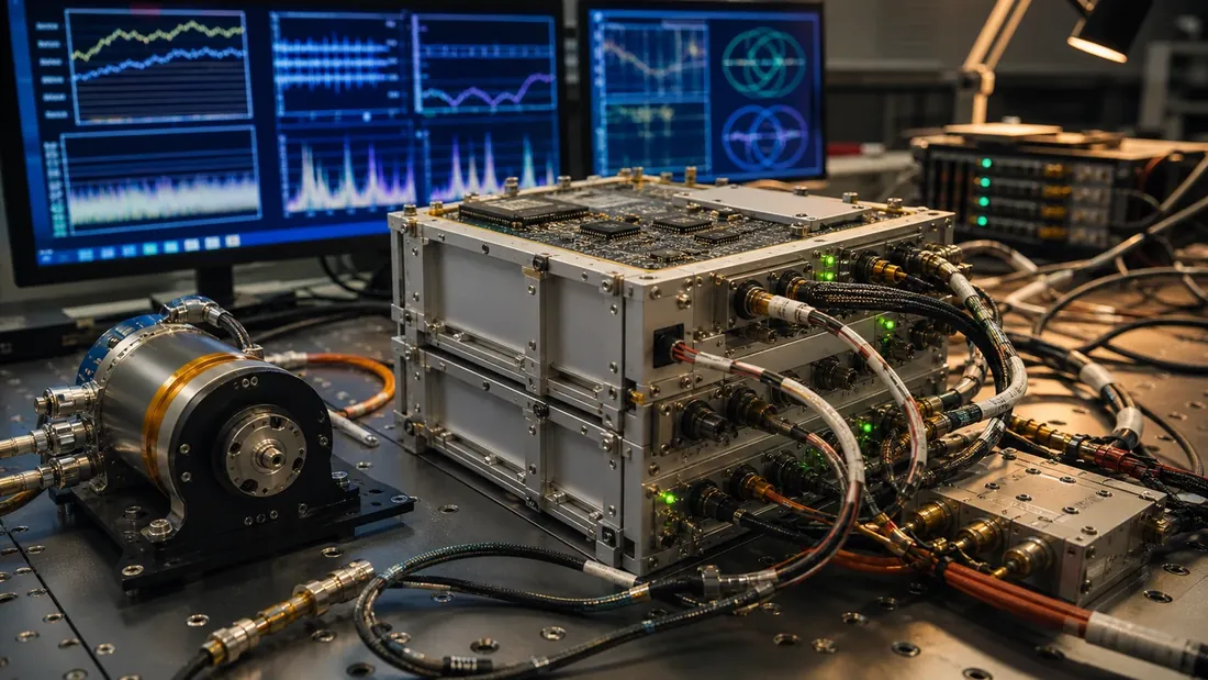 Concept visualization of a spacecraft flight-software hardware-in-the-loop avionics bench.