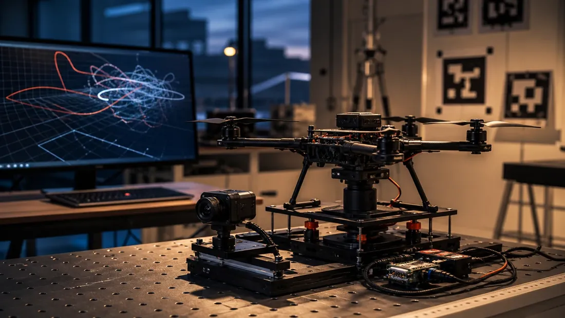 Concept visualization of a quadrotor visual-inertial localization test bench.