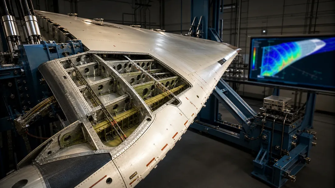 Concept visualization of a tri-jet widebody aircraft CAD assembly on an engineering workstation.