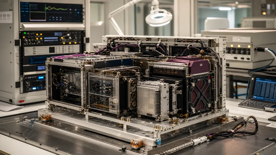 Concept visualization of integrated spaceflight payload hardware on a clean-room test bench.
